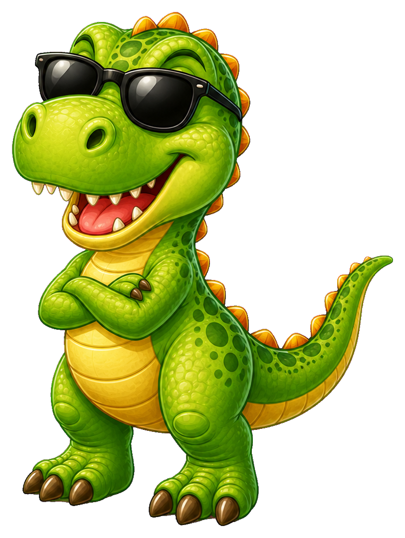 Green cartoon dinosaur wearing sunglasses with folded arms and a smile