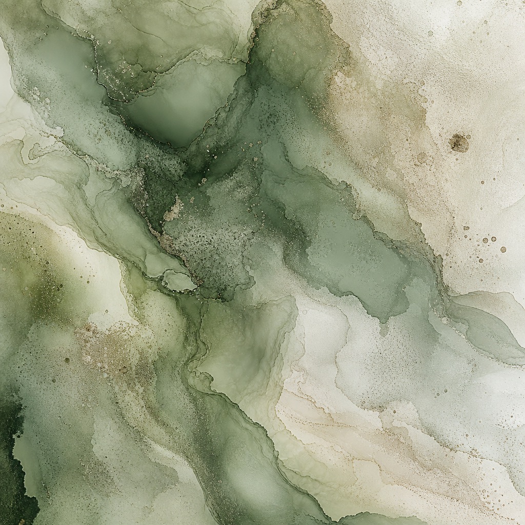 Soft green and beige abstract wash with flowing mineral pigment textures