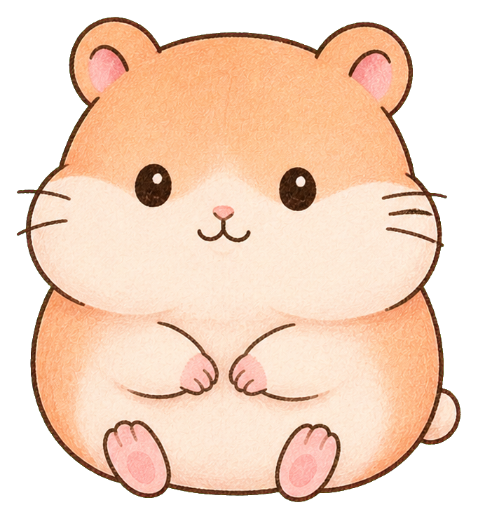 Round cute hamster with soft tan fur, tiny paws, and pink ears sitting front-facing.