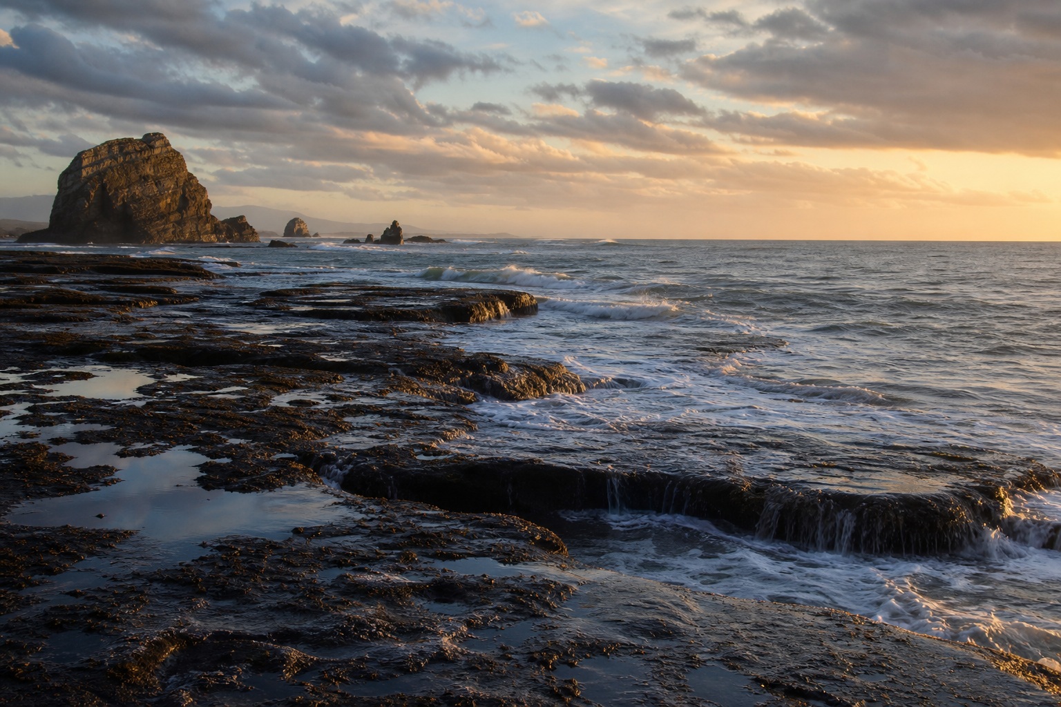 Preview for Soft Gold Evening Sea Stack Coast Background