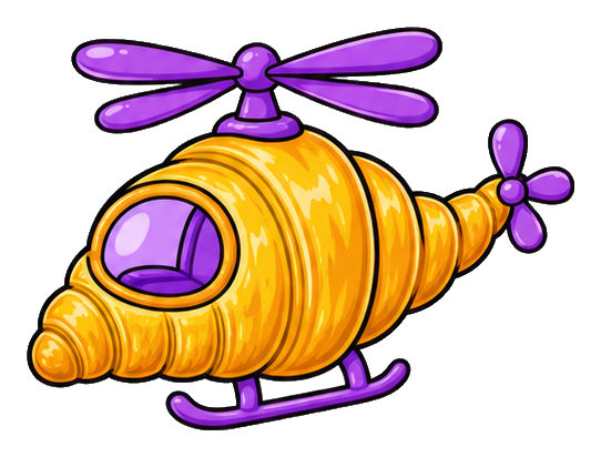 Purple and gold croissant shaped like a helicopter with spinning propellers