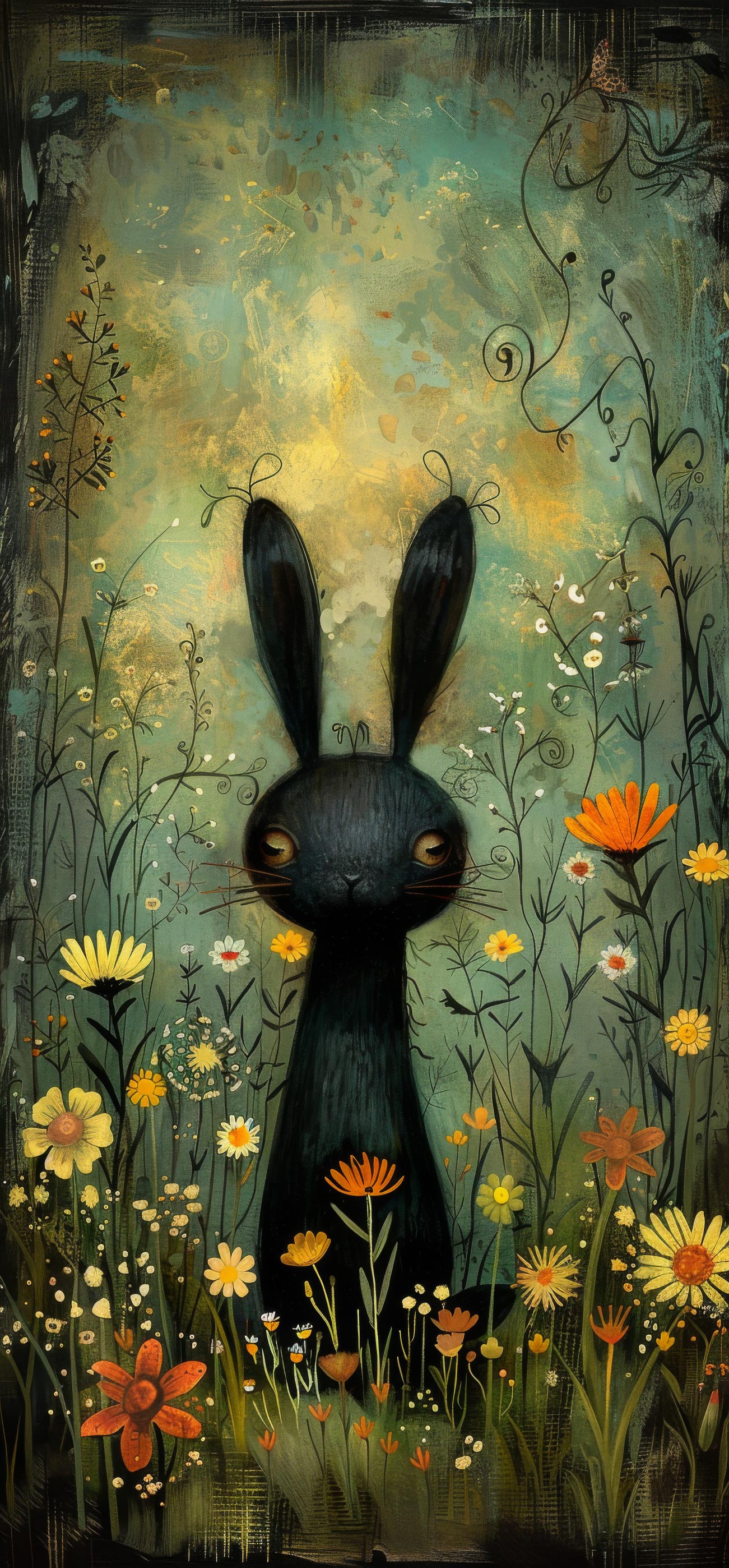 Preview for Whimsical-black-rabbit-floral-landscape-easter-phone-background-f5150