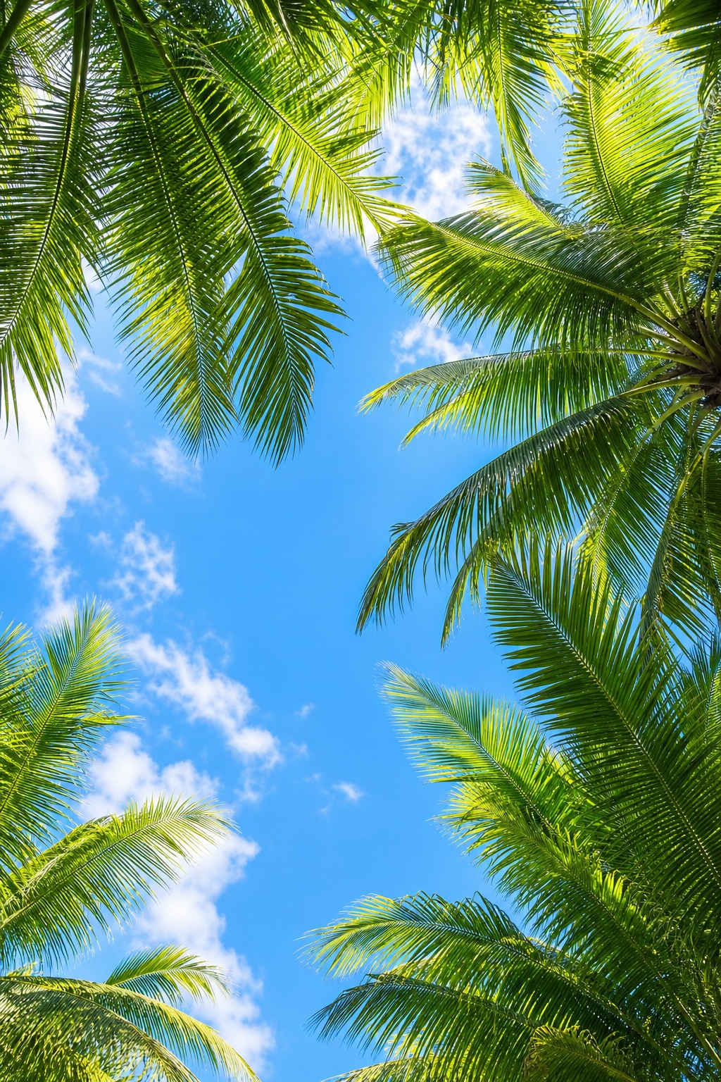 Green palm fronds framing a bright blue sky with scattered white clouds