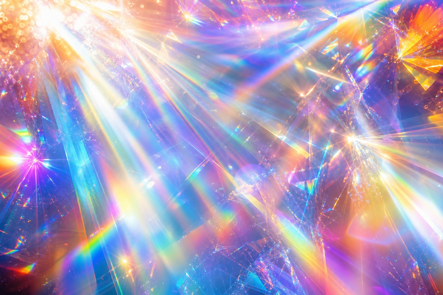 Abstract rainbow prism light beams and glowing caustic streaks across a bright background