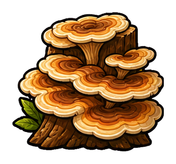 Stacked shelf mushrooms growing from a small base with layered orange-brown caps and green leaves
