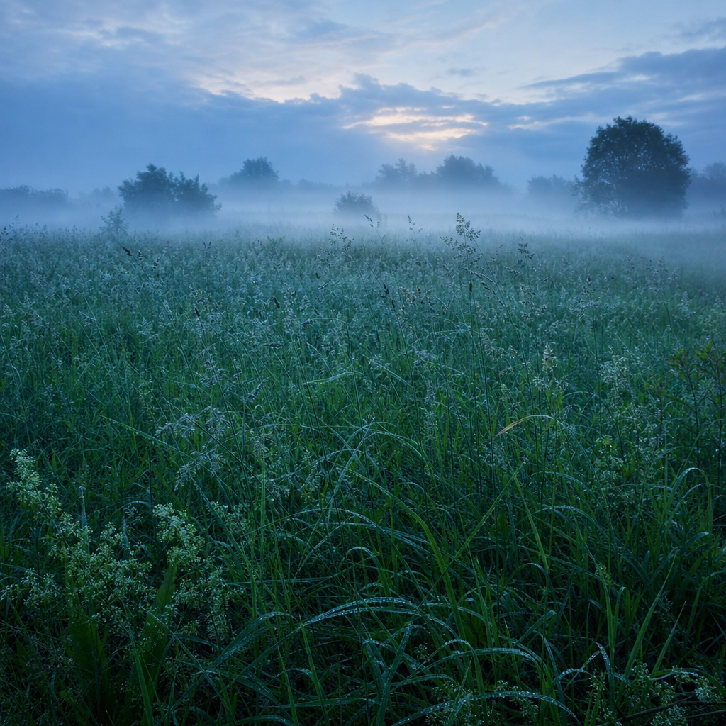 Fog drifting over a grassy meadow at blue hour with trees in the distance.