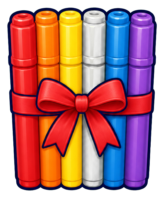 A bundle of colorful markers tied together with a red ribbon bow.