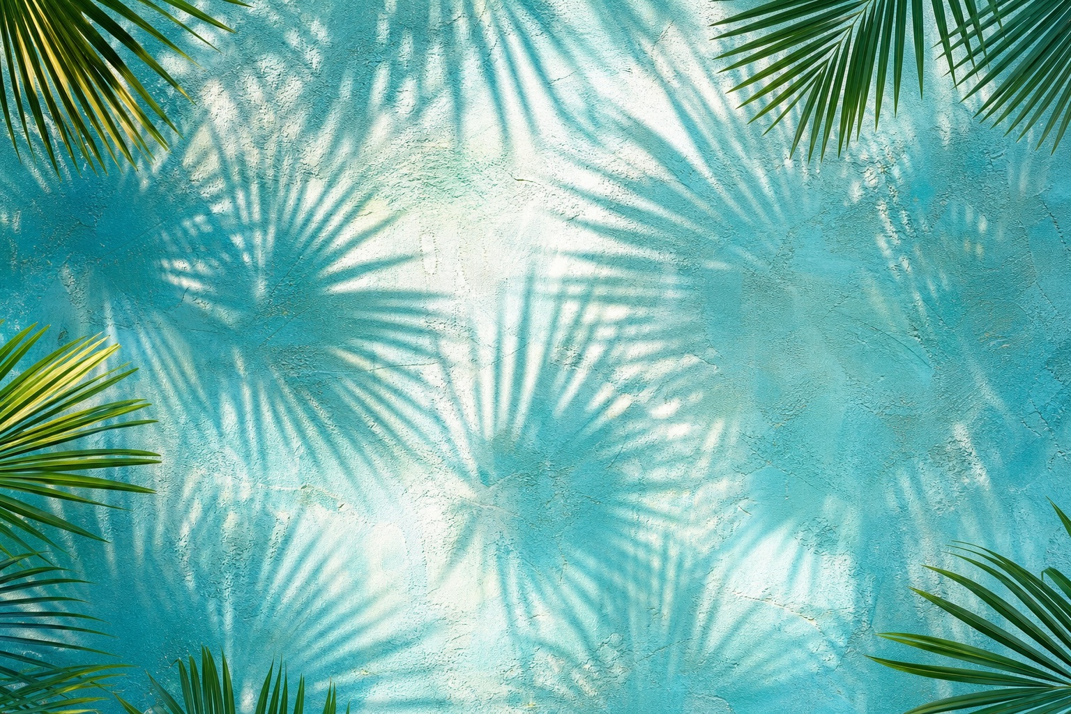 Aqua textured background with overlapping palm leaf shadows and tropical sunlight