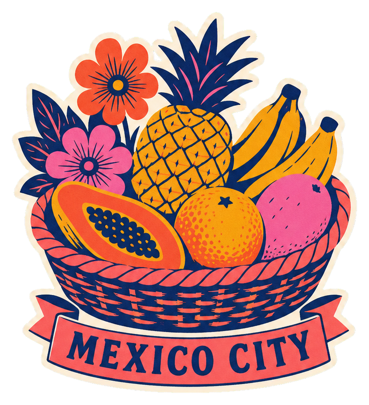 Illustrated fruit basket with flowers and Mexico City text ribbon