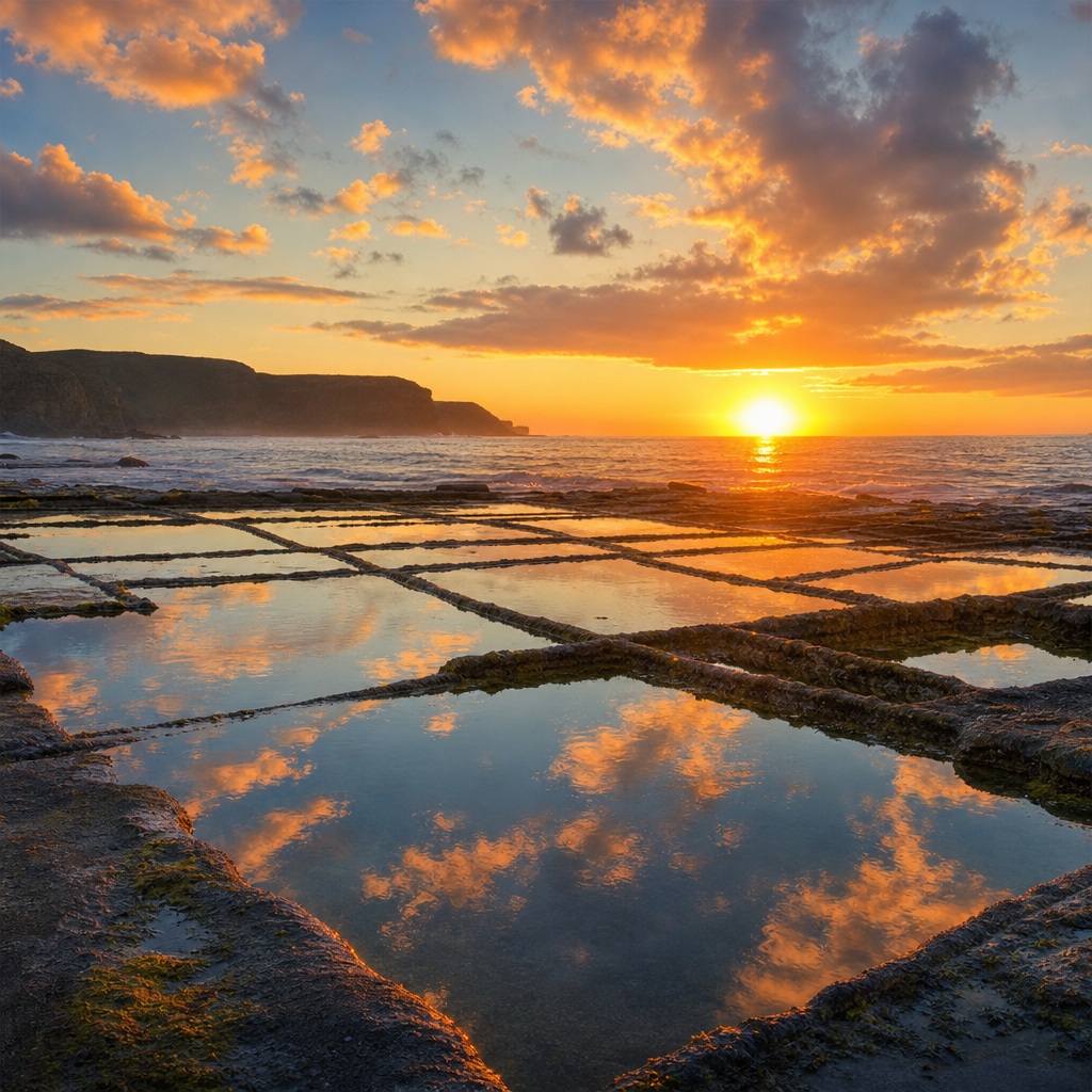 Sunset over tide pools with orange clouds reflected in calm water near the ocean shore.