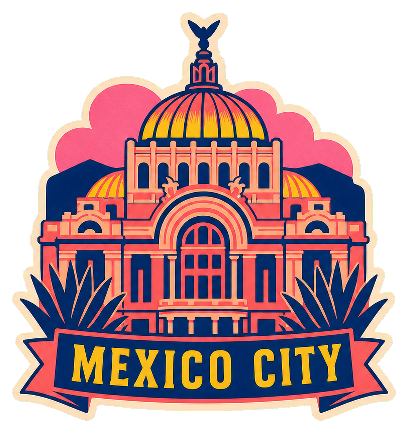 Illustrated Mexico City dome with bold text sticker.