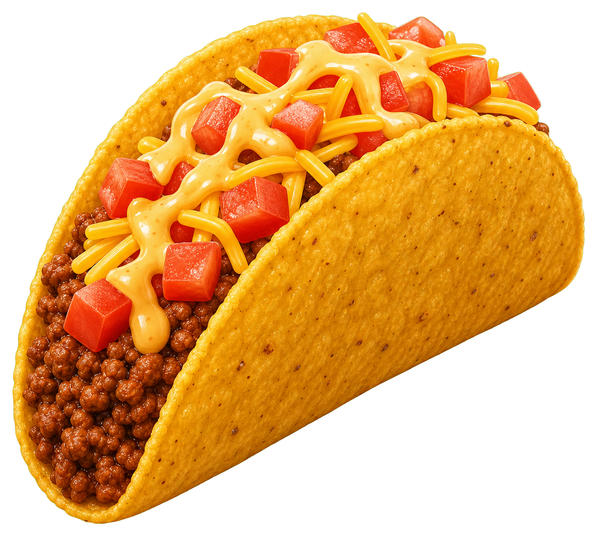 A taco filled with seasoned meat, cheese, and diced tomatoes
