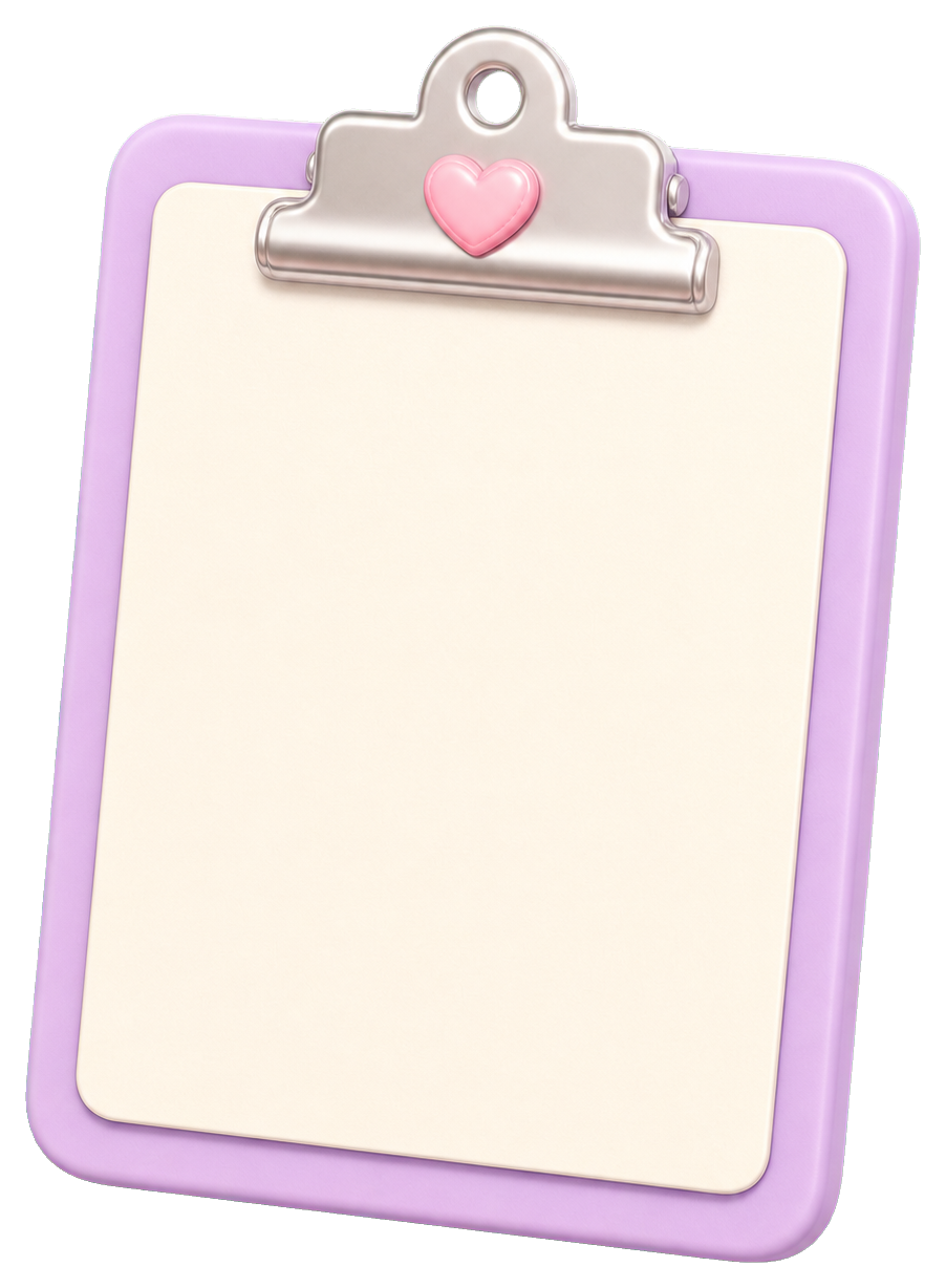 Blank clipboard with a pink heart clip and soft purple border