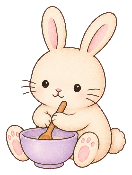 Cute kawaii rabbit holding a spoon beside a bowl while baking