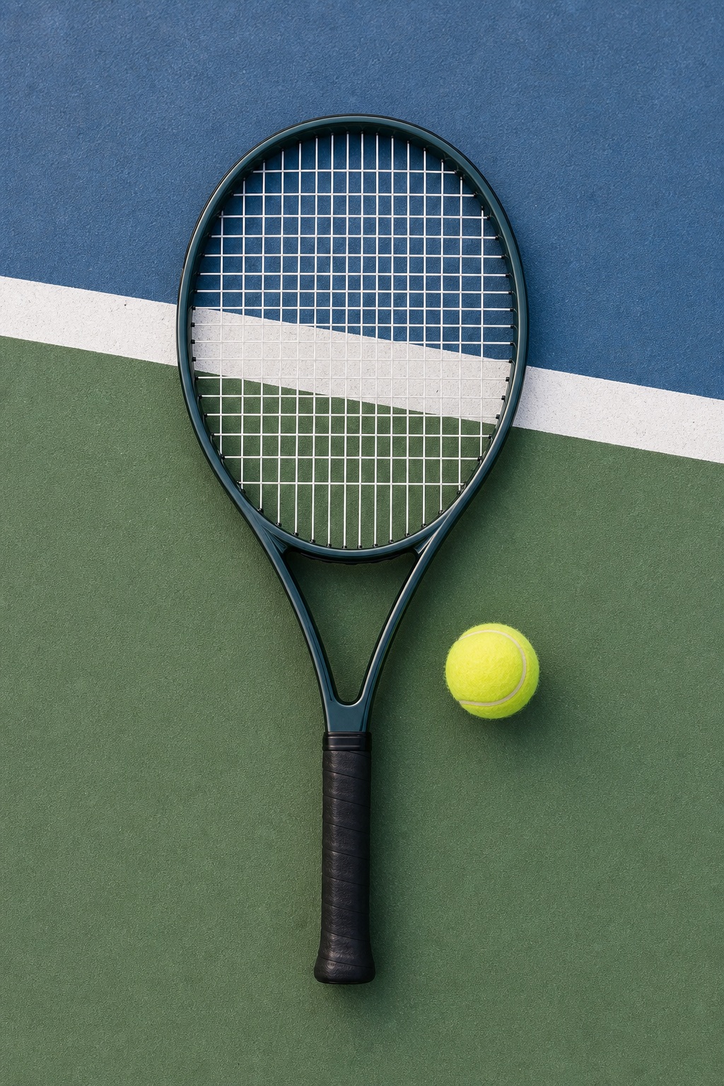 Tennis racket and yellow ball on a green court with a blue painted section