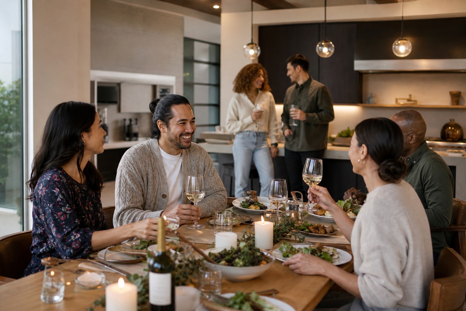 Group of people sharing dinner around a candlelit table in a modern home interior