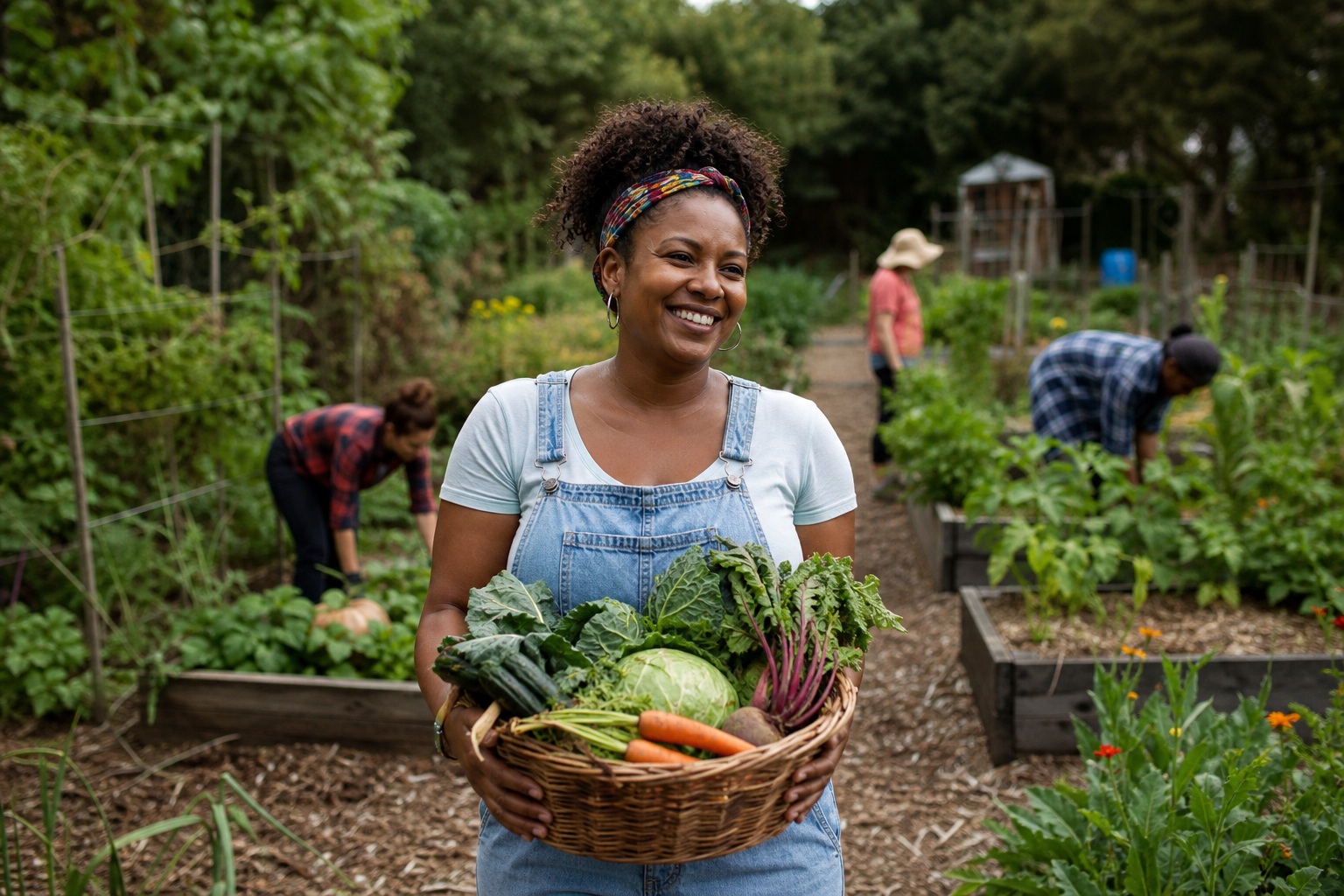 Smiling woman holding a basket of fresh vegetables in a community garden