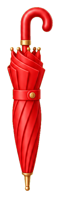 Red closed umbrella with a curved handle and gold accents