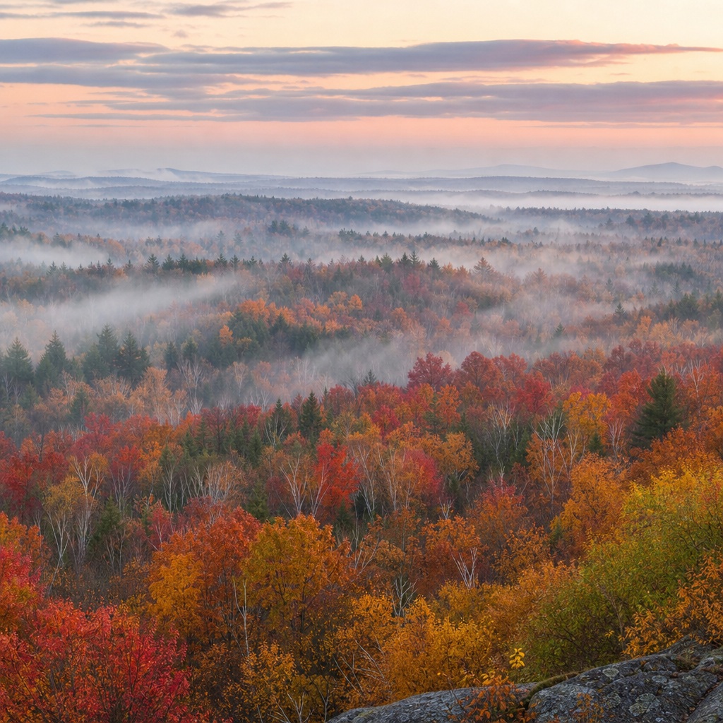Misty dawn over a colorful autumn forest canopy with rolling hills and soft fog