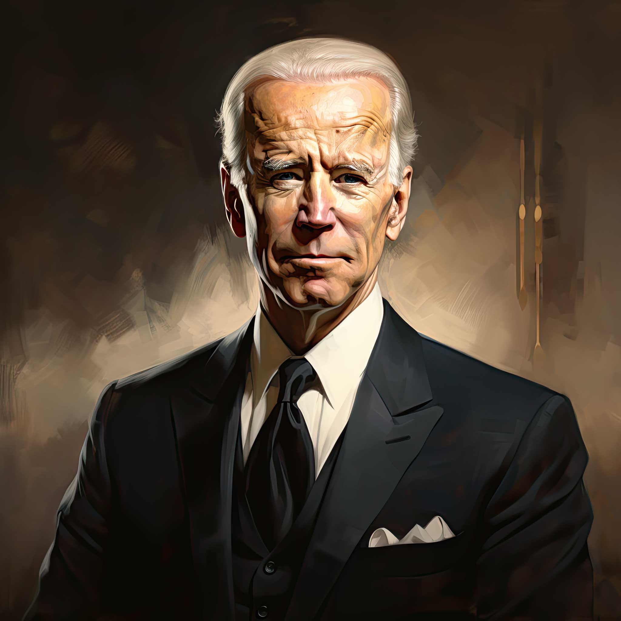 Portrait of Joe Biden in a dark suit against a warm, textured background