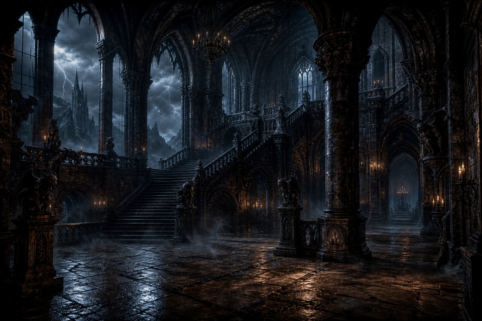 Dark gothic castle interior with tall arches, stone steps, and a stormy reflective floor