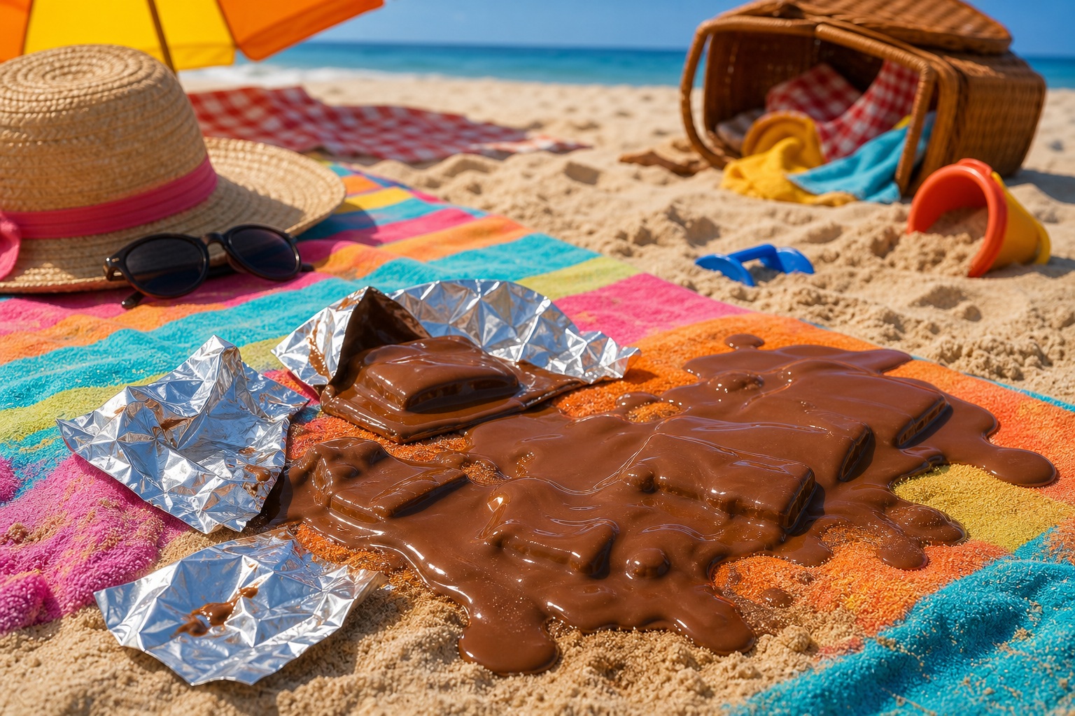 Melted chocolate spread on sand beside a beach hat, sunglasses, and towels