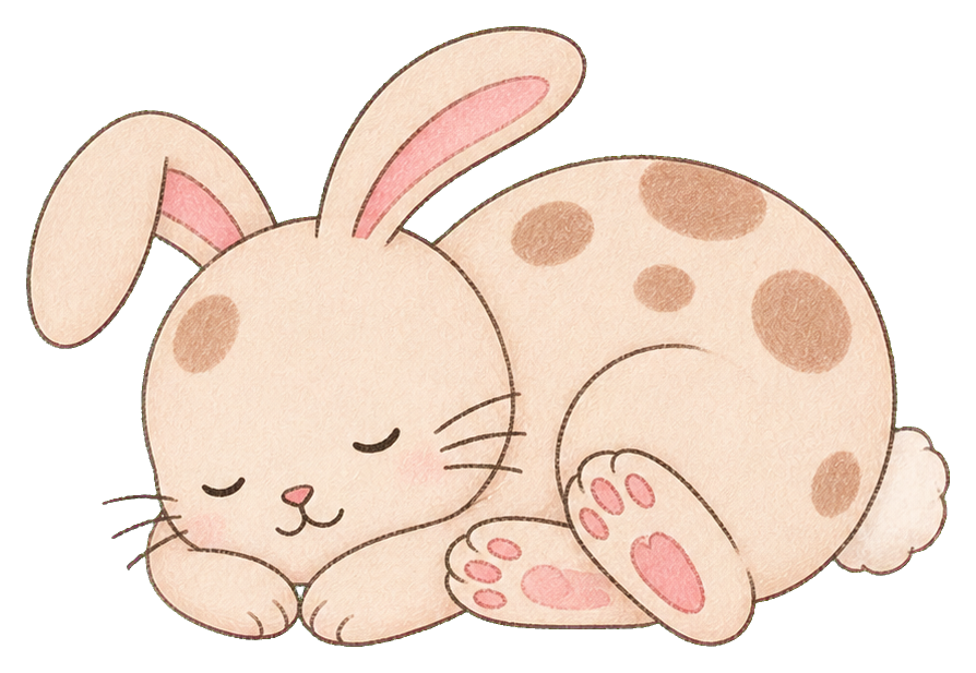 Cute spotted rabbit sleeping with closed eyes and pink paws