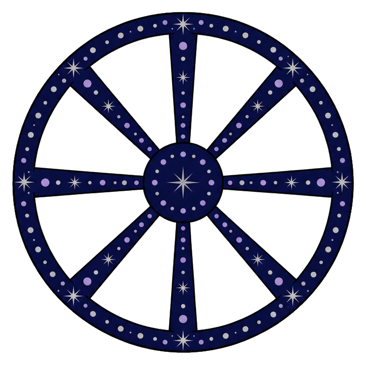 Blue celestial dharma wheel with dotted accents and radial spokes.