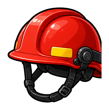 Red rescue helmet with black chin strap and yellow side detail