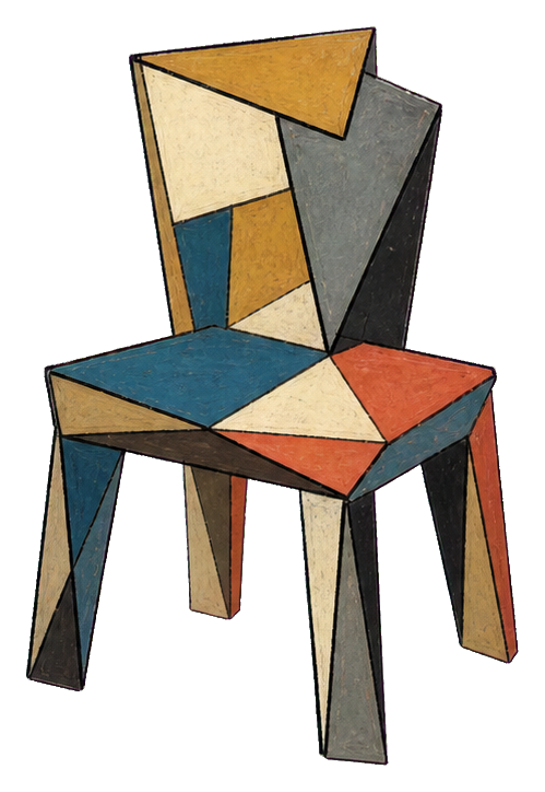 Abstract cubist chair with geometric shapes and muted colors