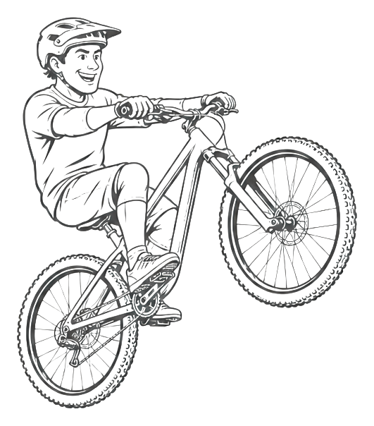 Caricature-style mountain biker doing a wheelie on a mountain bike