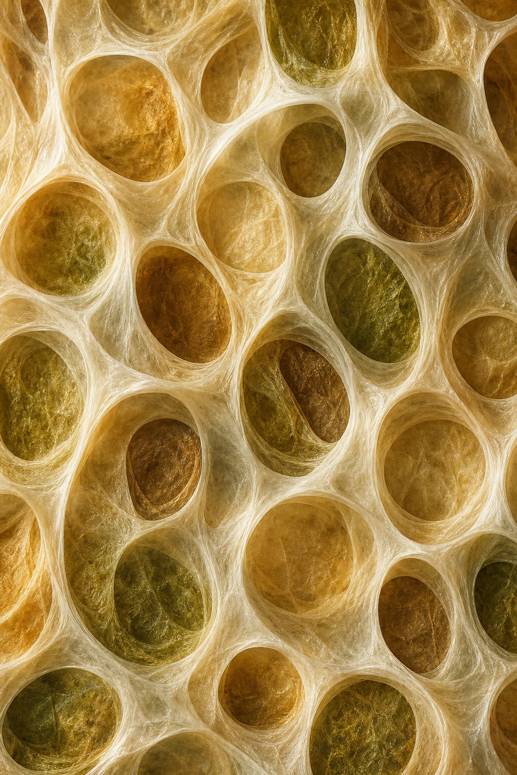 Warm beige organic cellular pattern with rounded translucent cells and natural texture