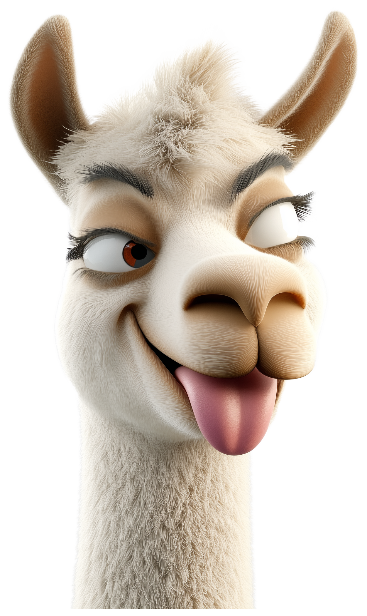 A cute 3D-style llama face with tongue out and one eye closed.