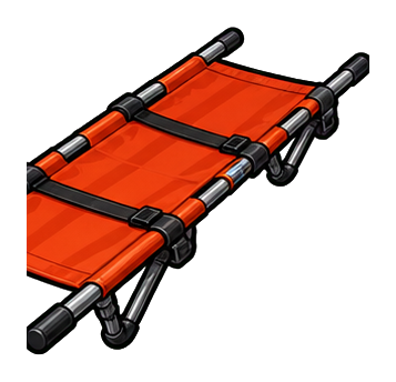Orange folding stretcher with black handles and support bars