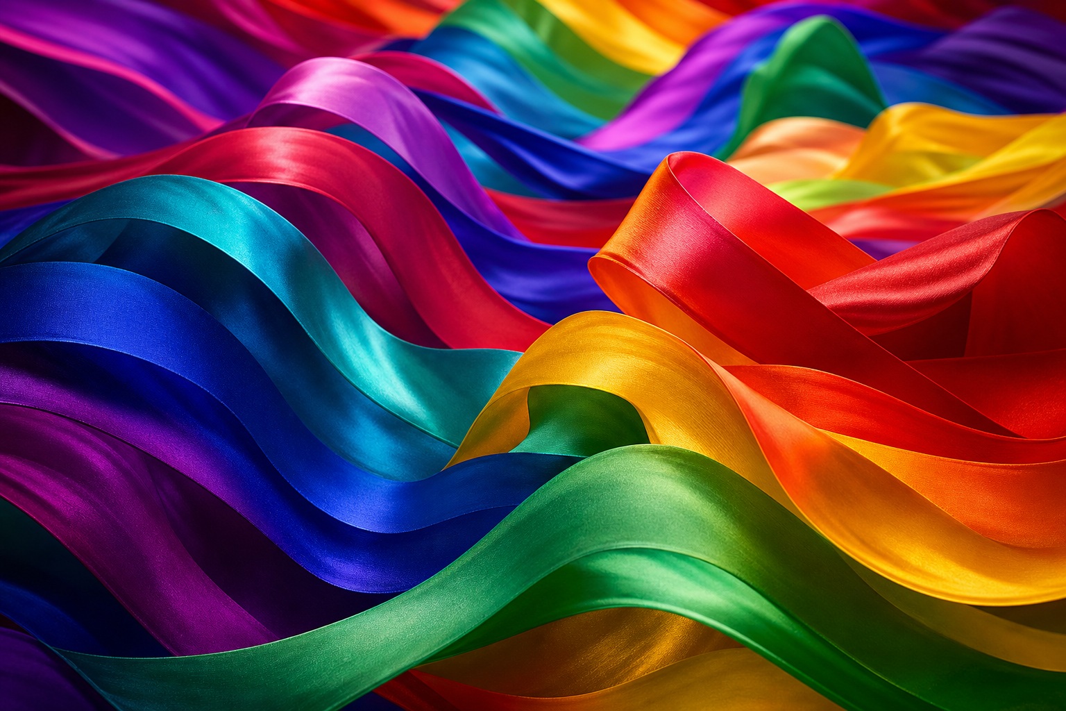 Abstract rainbow fabric ribbons flowing in layered color bands