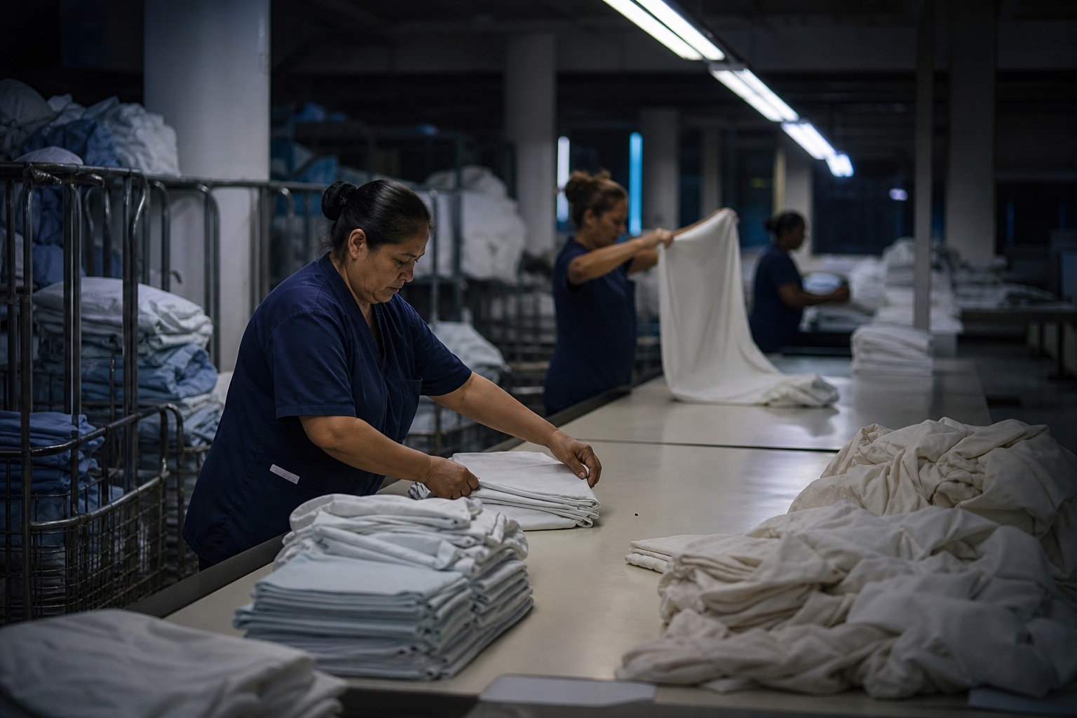 Workers folding laundry in a dimly lit room during a night shift.