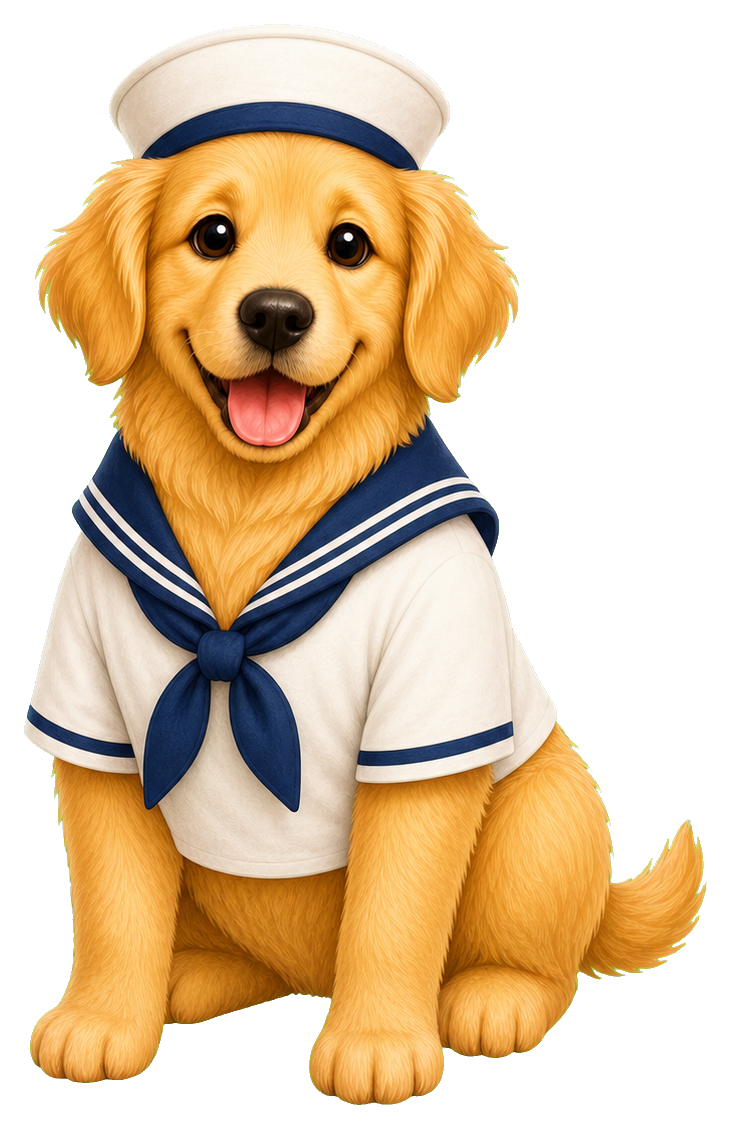 Smiling golden retriever puppy wearing a sailor outfit and hat sticker