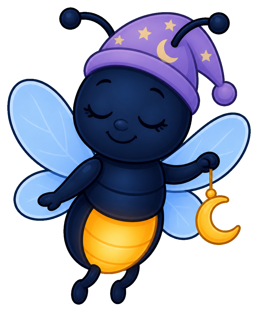 Cute sleepy firefly with blue wings, purple moon hat, and a hanging crescent moon charm.