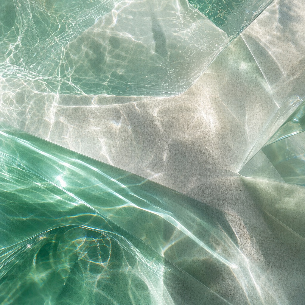 Abstract green and white glass refraction with soft caustic light patterns.