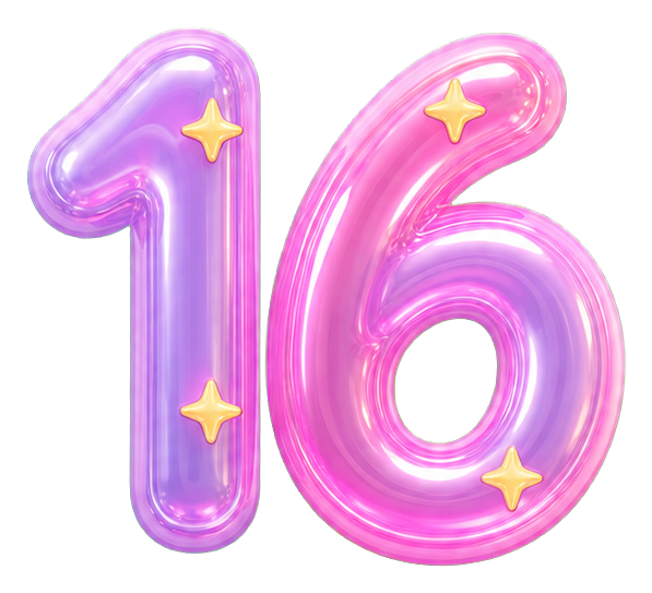 Glowing pink and purple number 16 with small star accents.