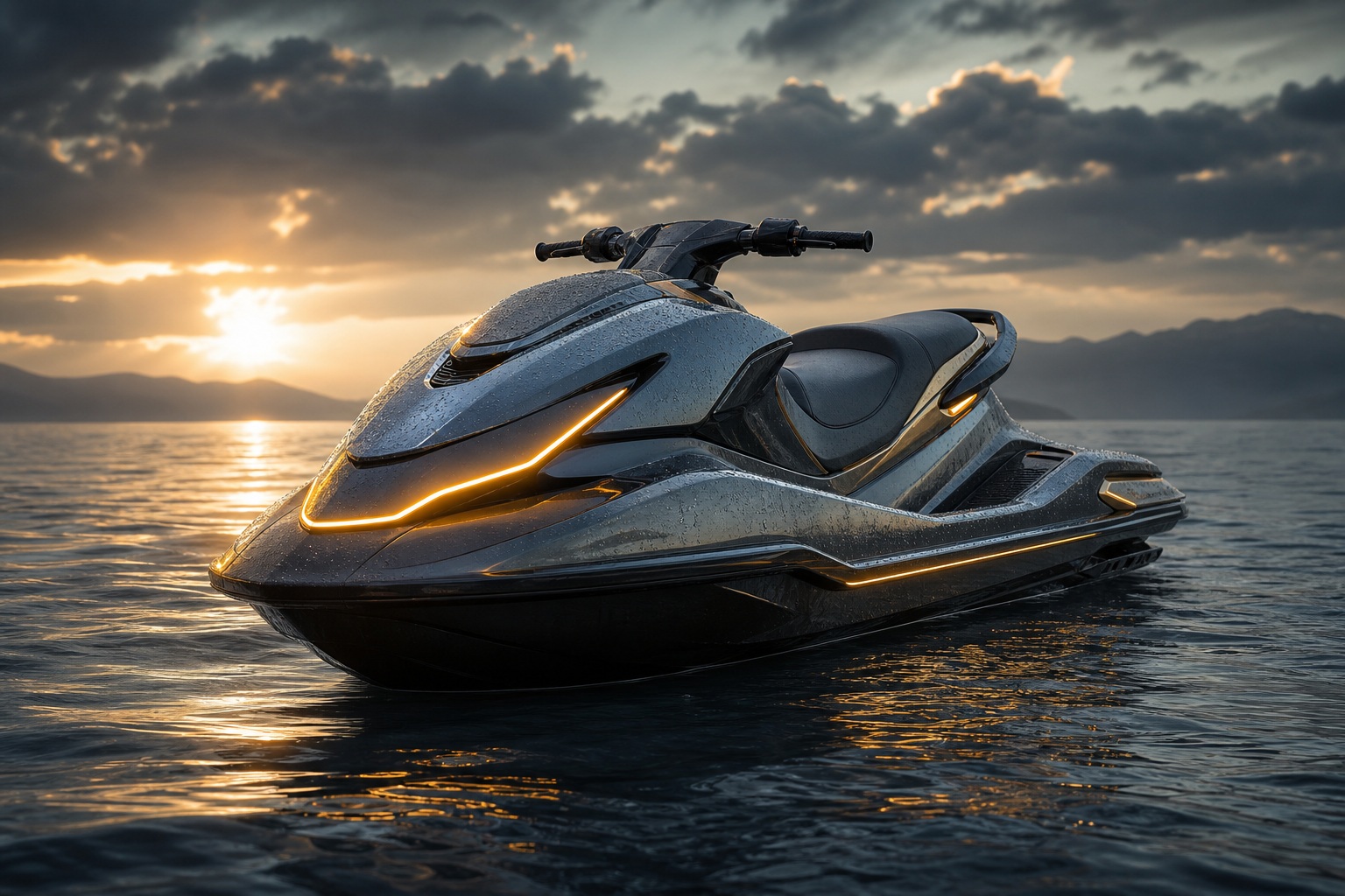 Sleek personal watercraft gliding on dark water at sunset with glowing clouds.