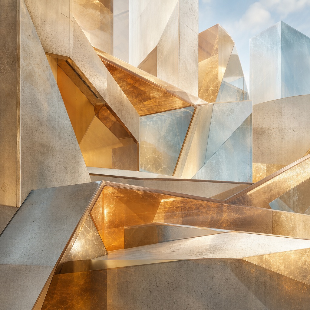 Abstract futuristic architecture with amber mineral glass volumes and angular geometric forms