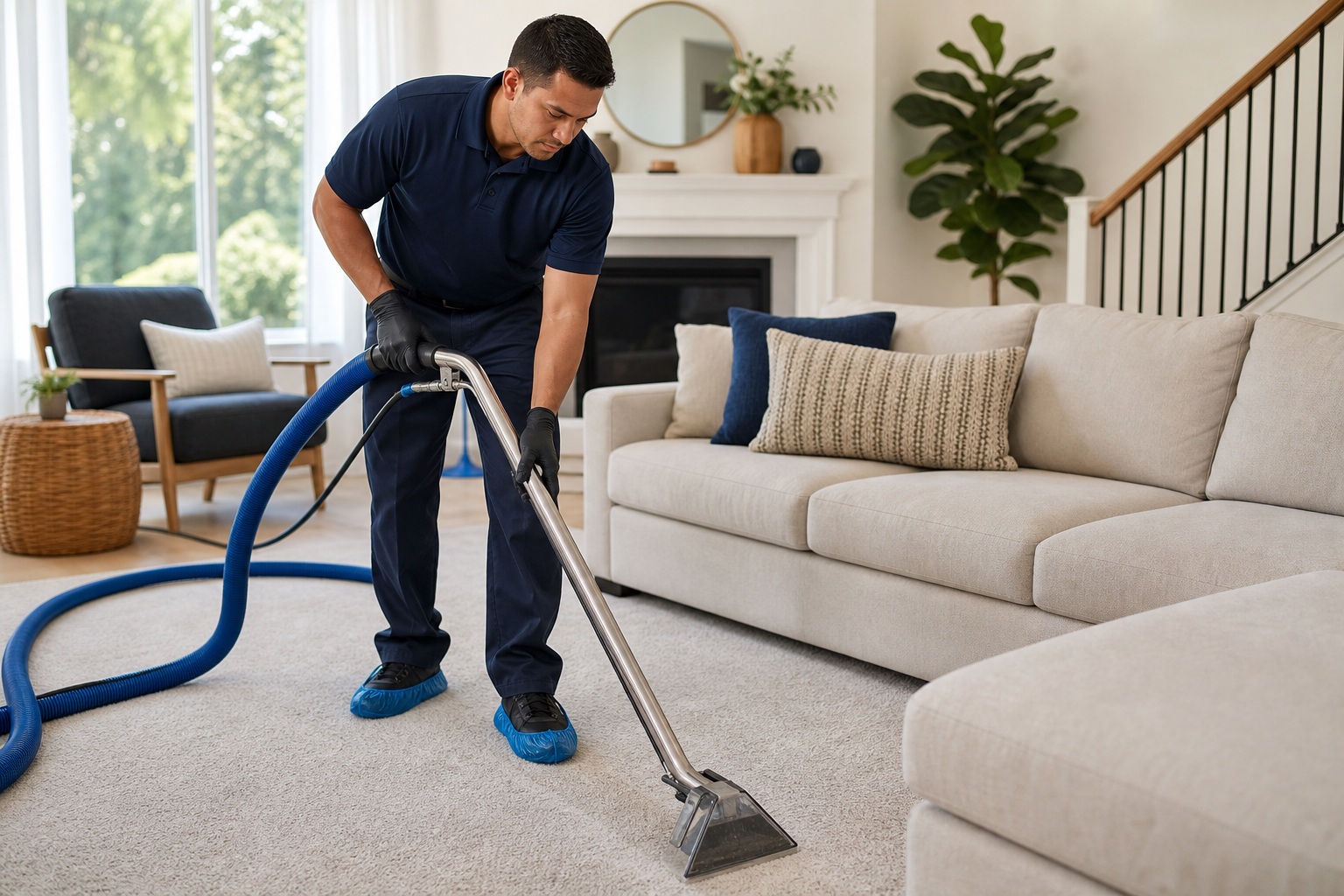 Man vacuuming carpet in a bright living room beside a beige sofa
