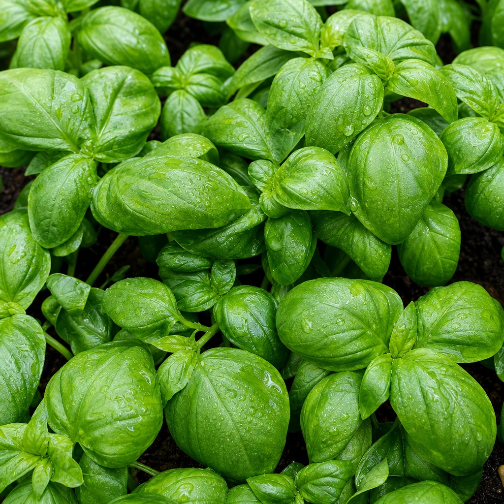 Dense green basil leaves growing in a greenhouse bed