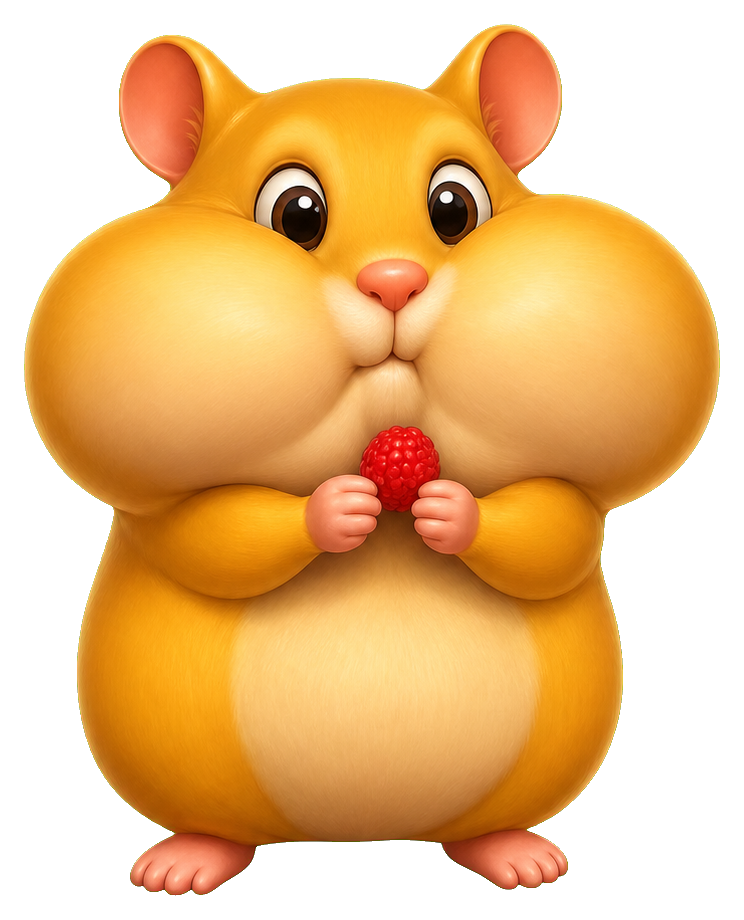 Cute hamster with puffed cheeks holding small food in its paws