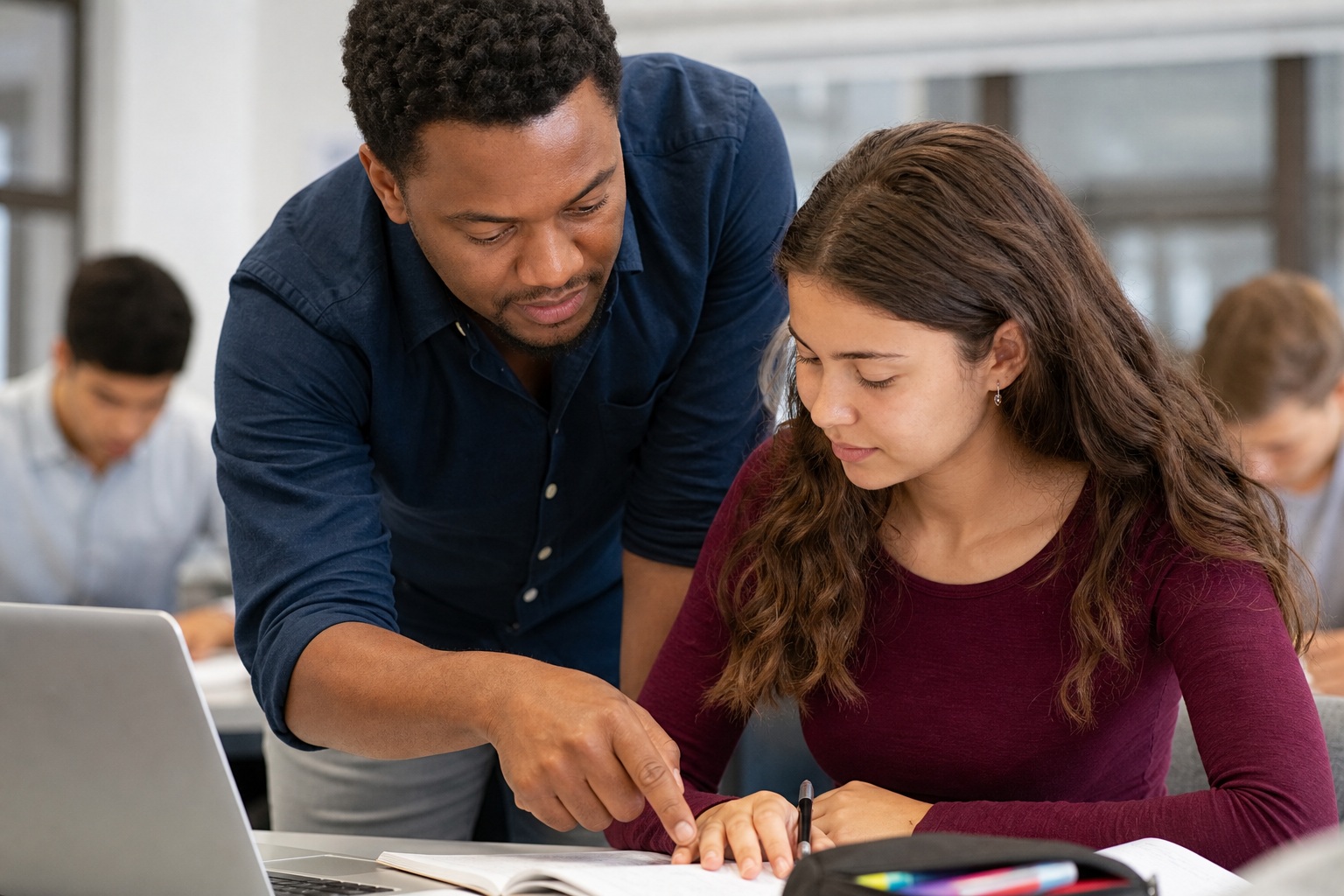 Teacher helping a student work at a laptop in a classroom setting