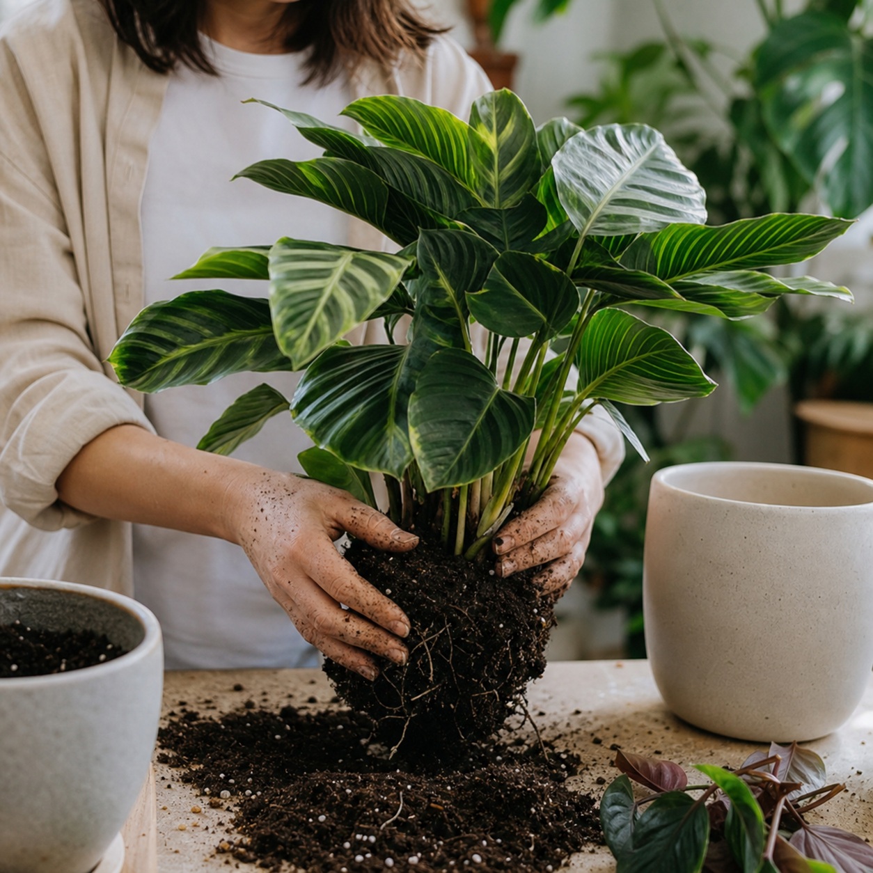 Hands placing a potted green plant into soil beside a beige pot.