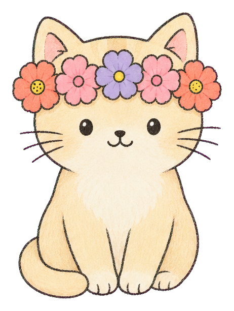 Cute beige cat wearing a flower crown with pink, purple, and orange flowers.