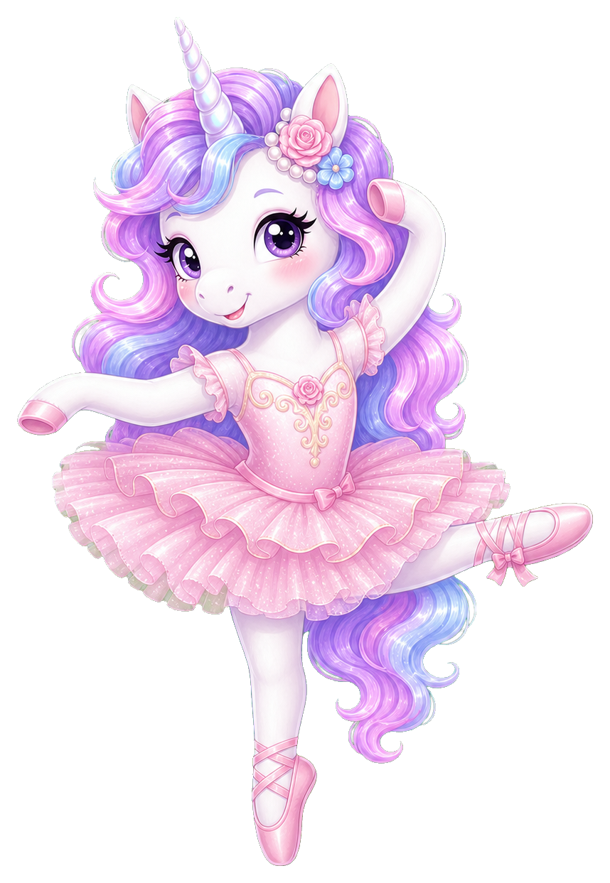 A pastel unicorn in a pink ballerina tutu and ballet slippers posing gracefully