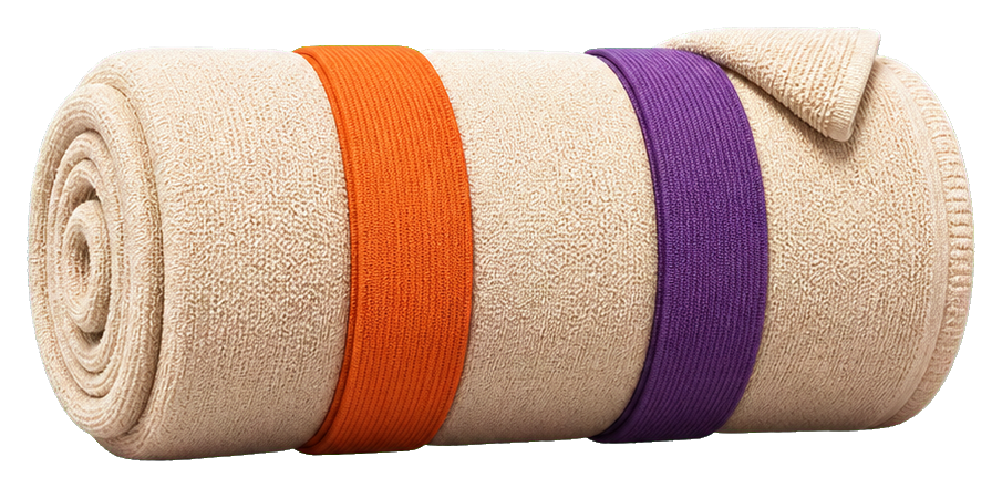 Rolled tan court towel with orange and purple stripes
